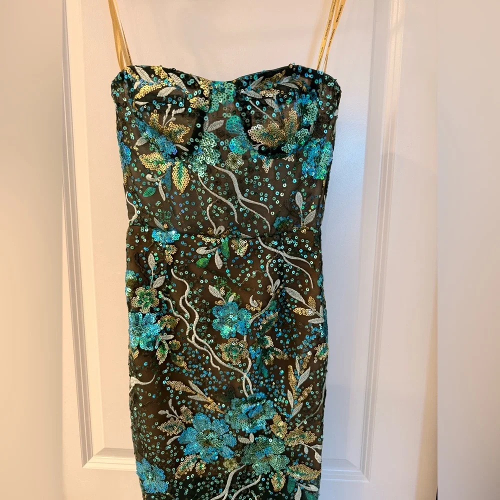 NWOT BRONX AND BANCO Dahlia Teal Multi Maxi Dress, Strapless Floral Gown - Picture 4 of 14